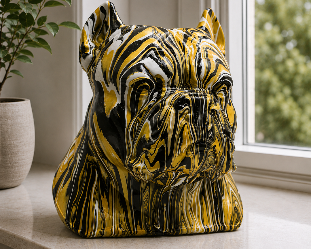 Close-up of a hand-painted dog ornament in black, gold and cream