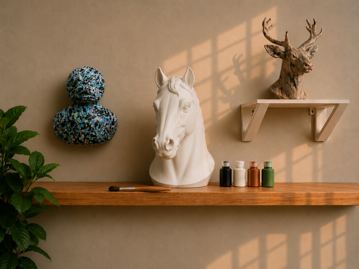 Quirky home decor featuring hand-painted animal sculptures and ornaments