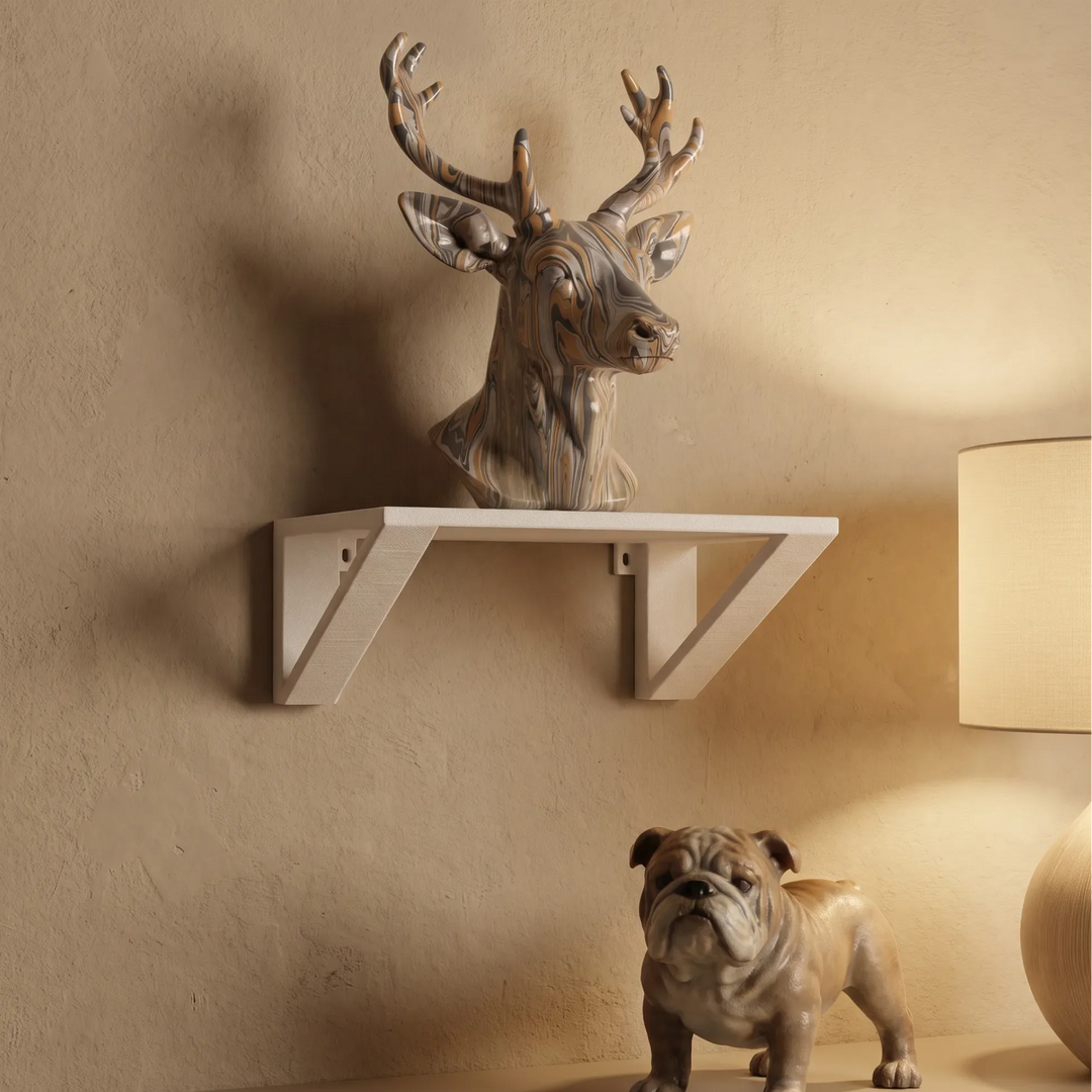 White classic wall display shelf with triangular supports holding a stag head sculpture