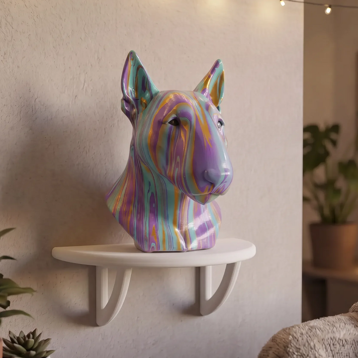 White curved wall display shelf holding a colourful Bull Terrier head sculpture