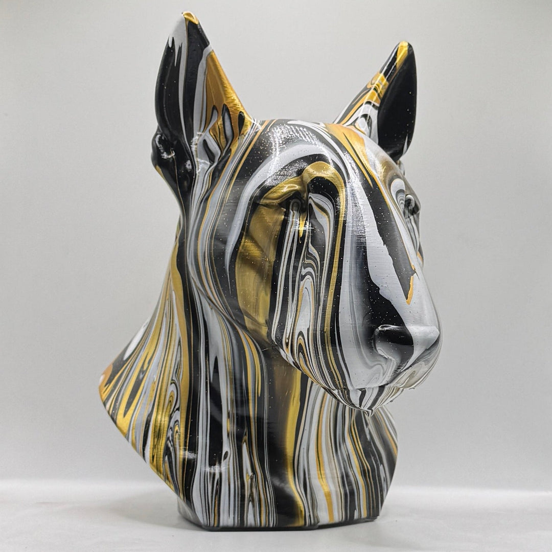 English Bull Terrier head sculpture hand painted in black, white and gold