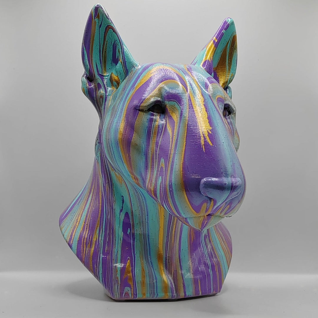 Hand-painted English Bull Terrier statue in turquoise, purple and gold