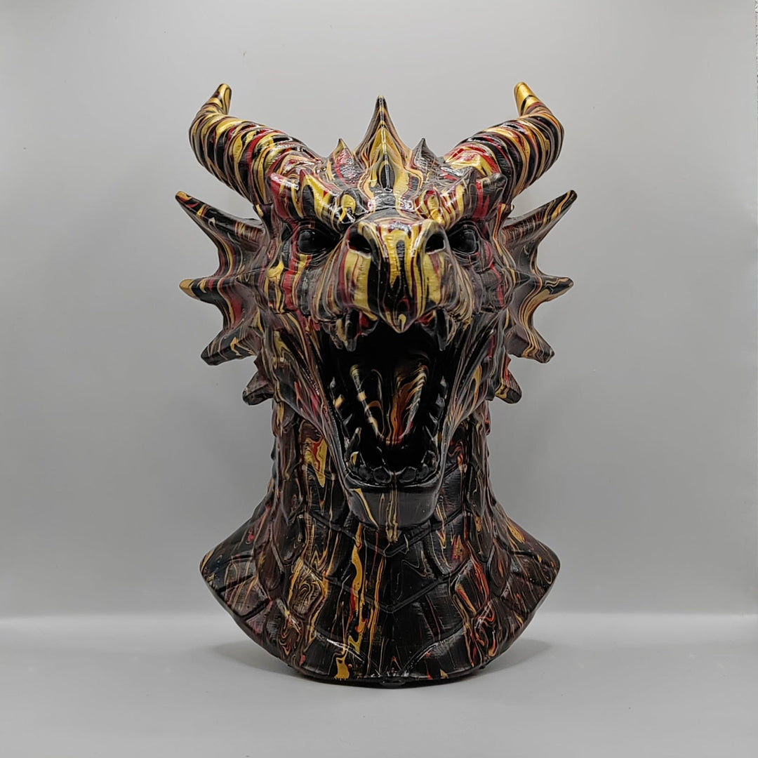 Hand-painted black, red and gold dragon statue shown from the front