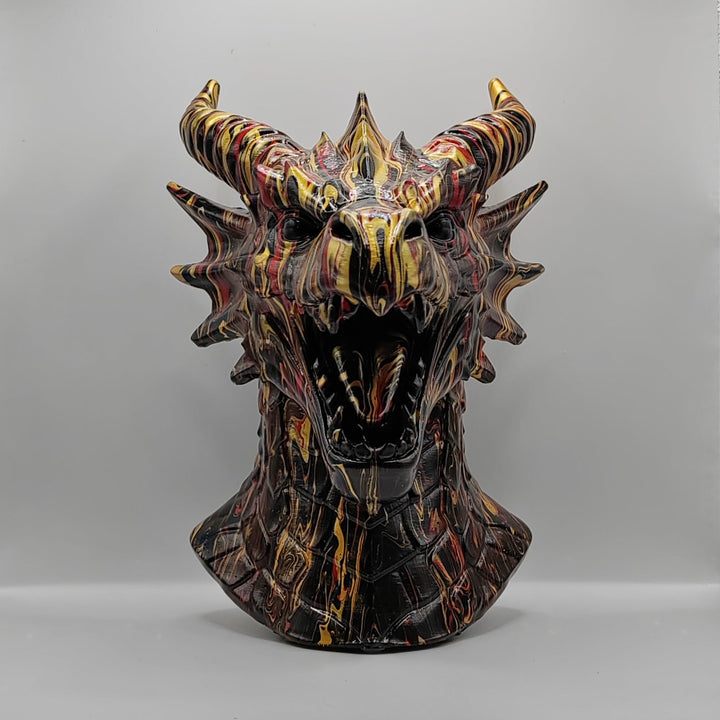 Hand-painted black, red and gold dragon statue shown from the front