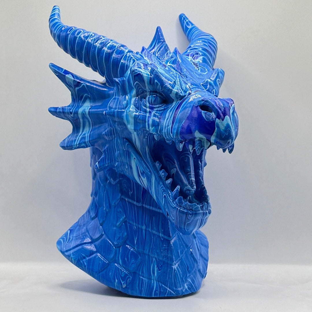 Hand-painted blue and purple dragon head sculpture