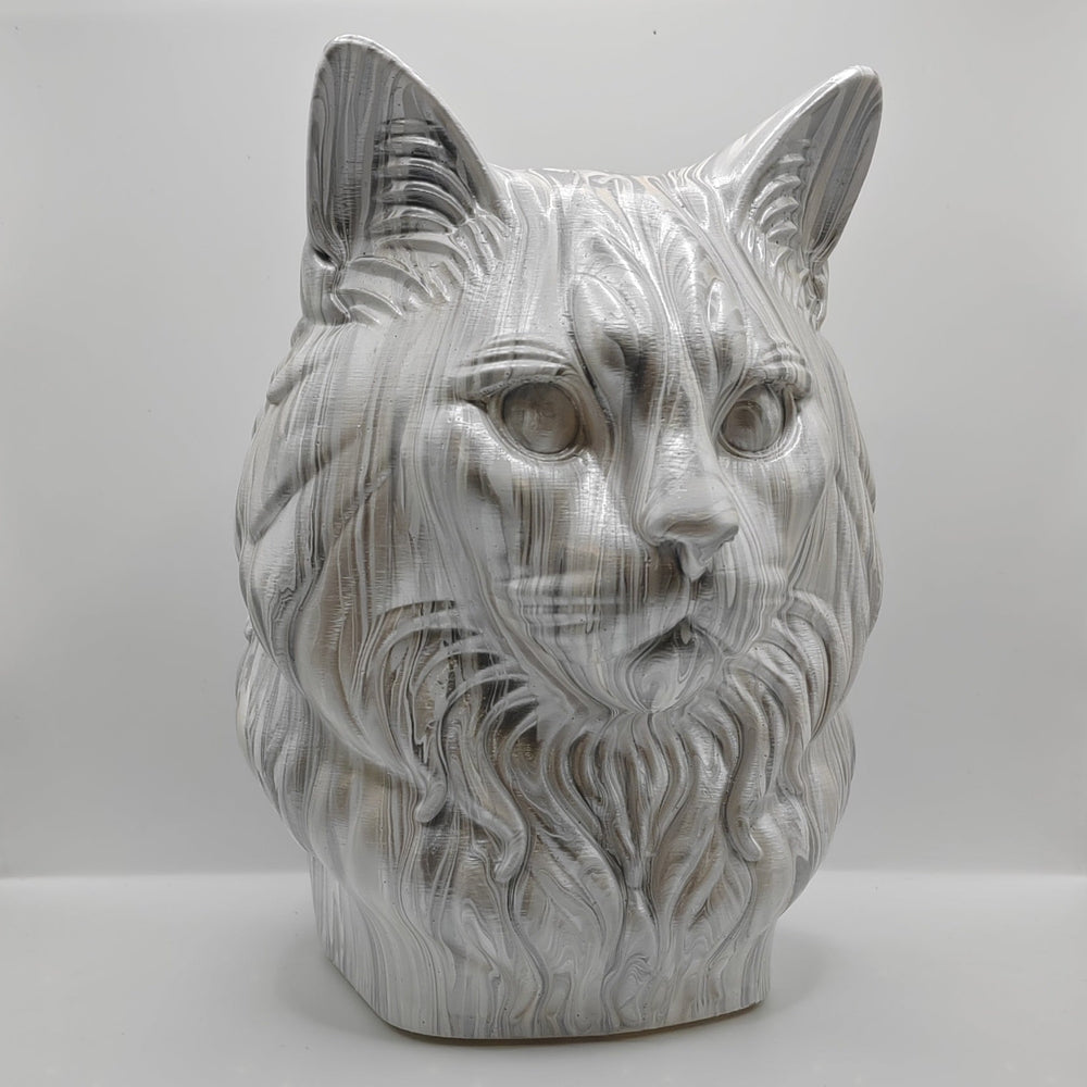 Silver marbled Ragdoll cat statue, angled view
