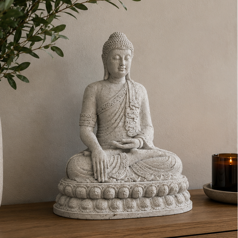 Stone-effect seated Buddha ornament displayed on a wooden cabinet