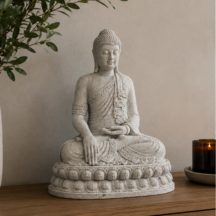 Stone-effect seated Buddha ornament displayed on a wooden cabinet