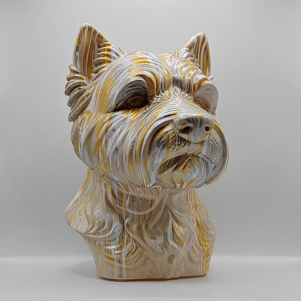 Gold, white and grey West Highland Terrier ornament in a three-quarter view