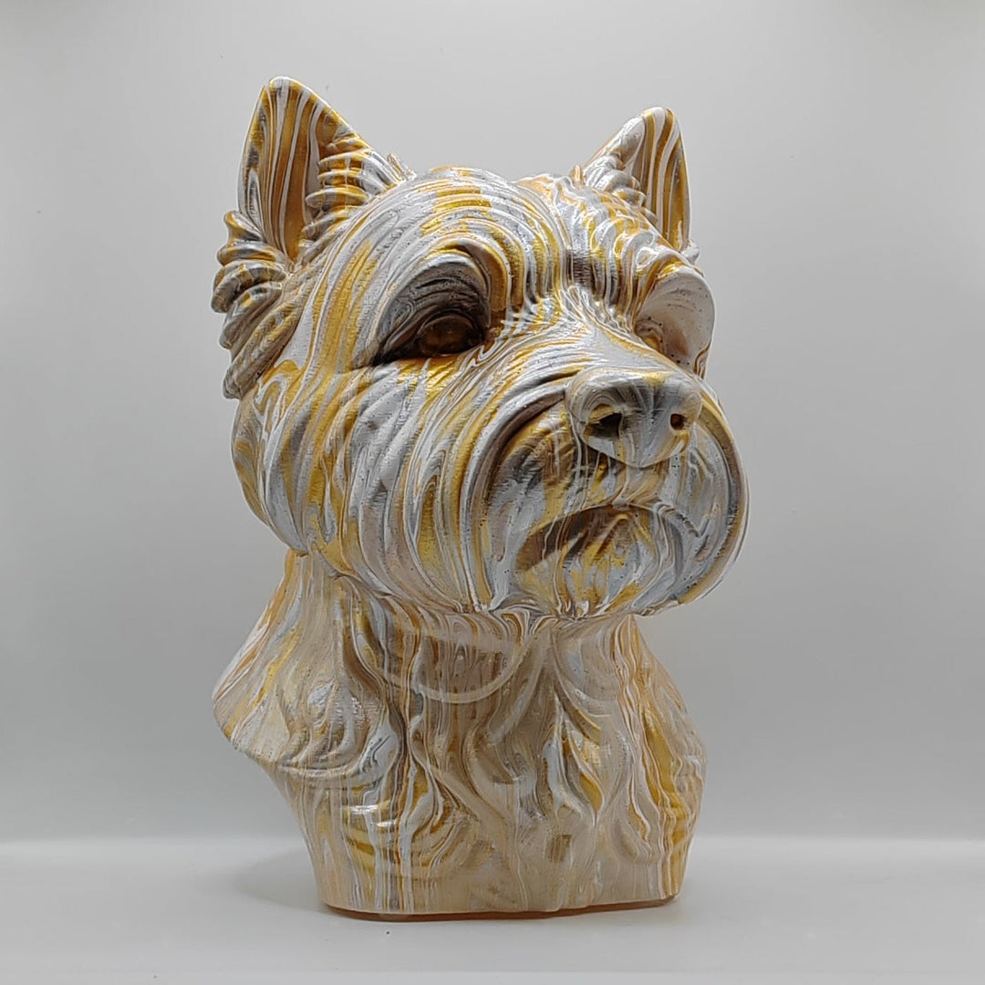 Gold, white and grey West Highland Terrier ornament in a three-quarter view