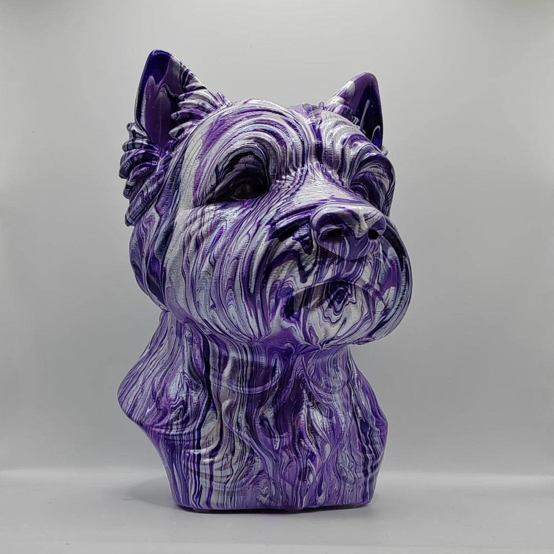 Hand-painted purple and white West Highland Terrier ornament on a grey background
